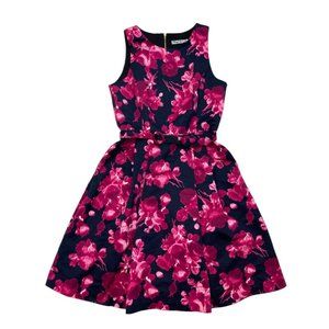 *New Eliza J Floral Sleeveless Fit Flare Dress Womens Size 8 Black Pink Belted